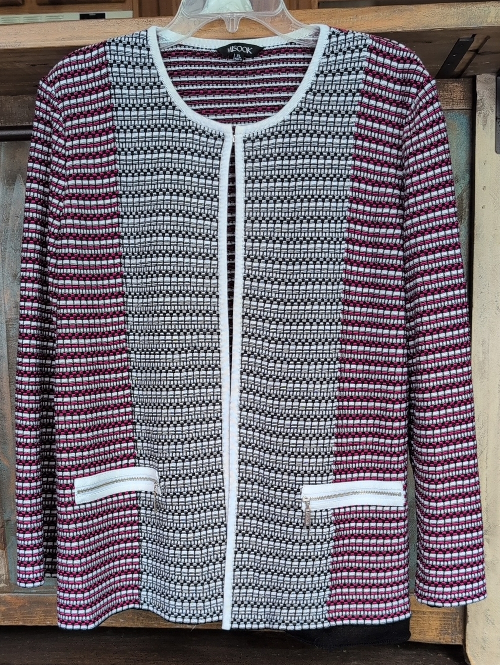 Misook Pink Black White Lightweight Knit Jacket Faux Zip Pockets - Women's XL